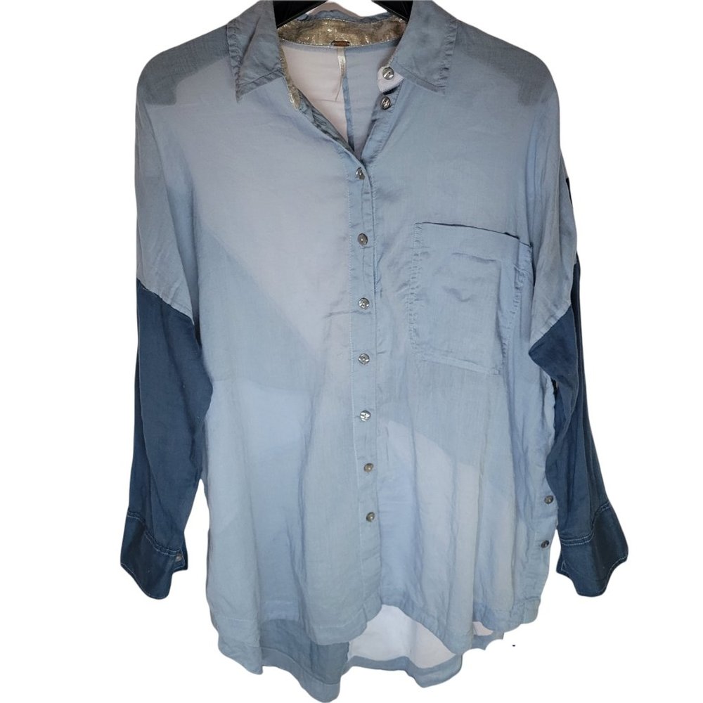 Free people Women's geometry with dark blue, light blue  BOHO blouse.